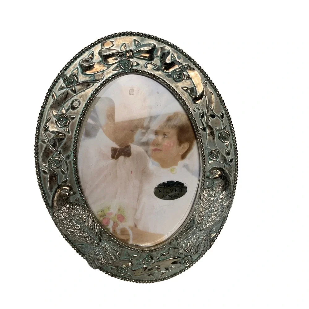 Vintage Figi Graphics 1990 Antiqued Silver Plated Oval Bird Rose Frame RR-63S